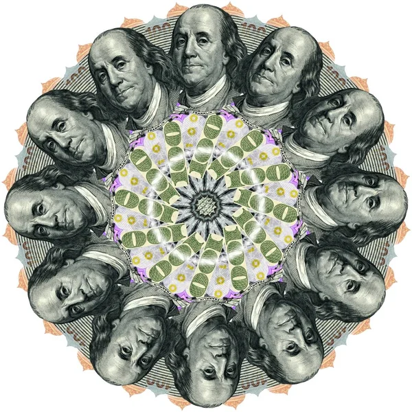 Mandala Kaleidoskop Der Elemente Amerikanischer Dollar Abstraktes Geld Hintergrund Raster — Stockfoto