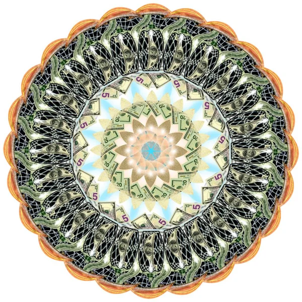 Mandala Kaleidoskop Prvky Amerického Dolaru Abstraktní Peníze Pozadí Rastrový Vzorek — Stock fotografie