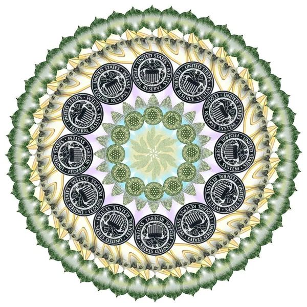 Mandala Kaleidoskop Prvky Amerického Dolaru Abstraktní Peníze Pozadí Rastrový Vzorek — Stock fotografie