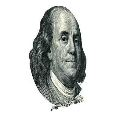 ABD devlet adamı, mucit ve diplomat Benjamin Franklin görünüyor üzerinde yüz doları bill ön yüzde olarak portresi. 45 derecelik bir açıyla fotoğraf.