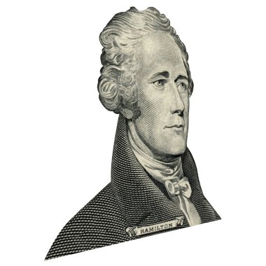 Birinci Sekreteri Hazine Alexander Hamilton. Nitel portre 10 dolarlık banknot isolater beyaz arka plan. 15 derecelik bir açıyla fotoğraf.