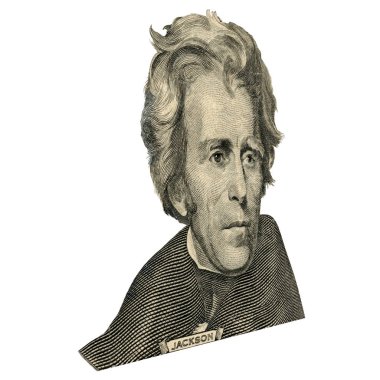 ABD eski Başkan Andrew Jackson görünüyor üzerinde 20 dolar bill ön yüzde olarak portresi. 15 derecelik bir açıyla fotoğraf.