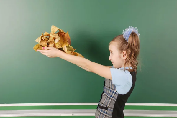 Automne Jeune Fille Tient Automne Feuilles Jaunes Jolie Fille Uniforme — Photo