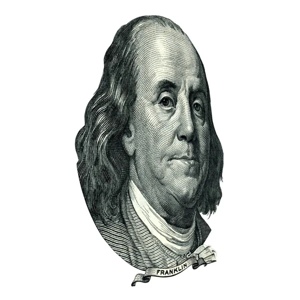 米国の政治家 発明者 および彼は 100 ドル法案表側として外交官ベンジャミン フランクリンの肖像画 度の角度で写真 — ストック写真