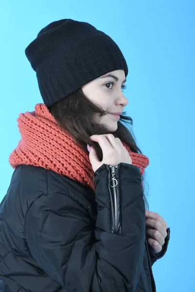 纵向美丽的女孩在冬天黑色夹克和帽子 在蓝色背景 — 图库照片