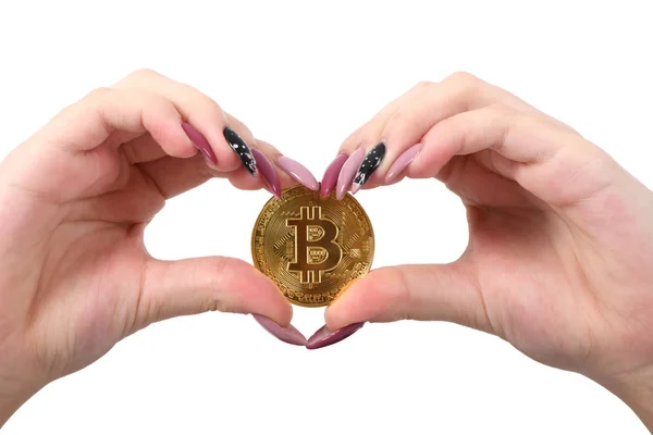 Manos Sostiene Muestra Corazón Nuevo Bitcoin Criptomoneda Oro Las Manos — Foto de Stock