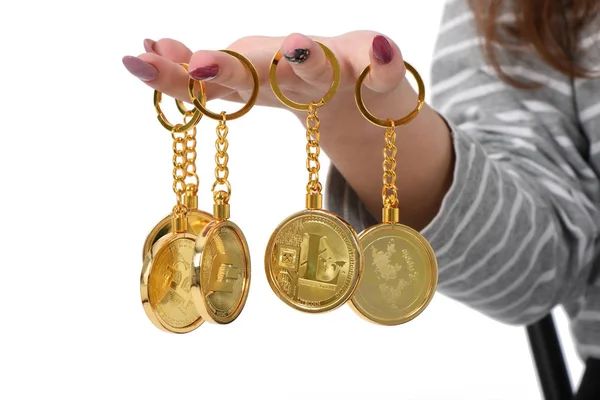 Pretty Girl Holding Every Finger Golden Cryptocurrency Bitcoin Hands White — Stock Photo, Image