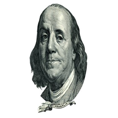 ABD devlet adamı, mucit ve diplomat Benjamin Franklin görünüyor üzerinde yüz doları bill ön yüzde olarak portresi. 45 derecelik bir açıyla fotoğraf.