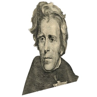 ABD eski Başkan Andrew Jackson görünüyor üzerinde 20 dolar bill ön yüzde olarak portresi. 15 derecelik bir açıyla fotoğraf.