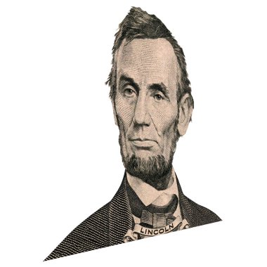 Eski ABD başkanı Abraham Lincoln görünüyor üzerinde beş doları bill ön yüzde olarak portresi. 15 derecelik bir açıyla fotoğraf.