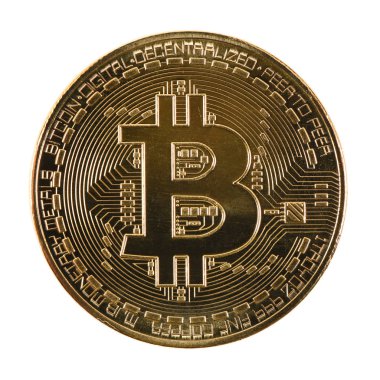 Beyaz arkaplanda izole edilmiş altın bitcoin. 