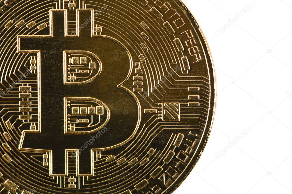 Golden bitcoin isolated on white background. 