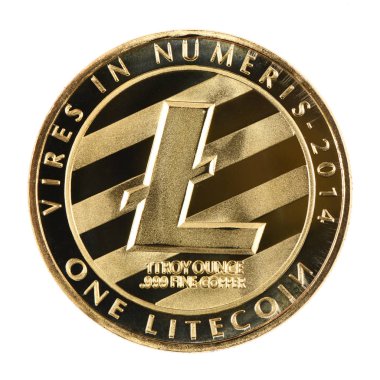 Altın Litecoin beyaz arka planda izole. (kırpma yolu)