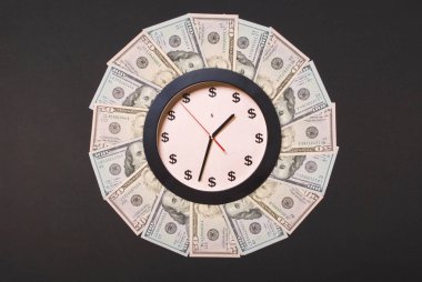 Saat ve dolar kavramı. Para Mandala Kaleidoscope üzerinde saat. Soyut para arka plan raster desen tekrar Mandala daire.