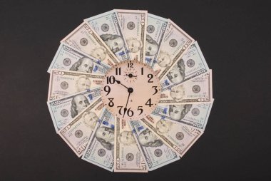 Saat ve dolar kavramı. Para Mandala Kaleidoscope üzerinde saat. Soyut para arka plan raster desen tekrar Mandala daire.