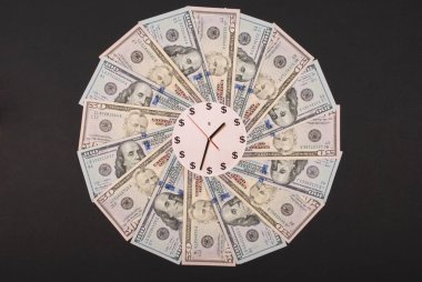 Saat ve dolar kavramı. Para Mandala Kaleidoscope üzerinde saat. Soyut para arka plan raster desen tekrar Mandala daire.