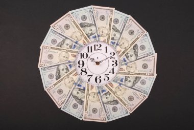 Saat ve dolar kavramı. Para Mandala Kaleidoscope üzerinde saat. Soyut para arka plan raster desen tekrar Mandala daire.