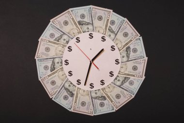 Saat ve dolar kavramı. Para Mandala Kaleidoscope üzerinde saat. Soyut para arka plan raster desen tekrar Mandala daire.