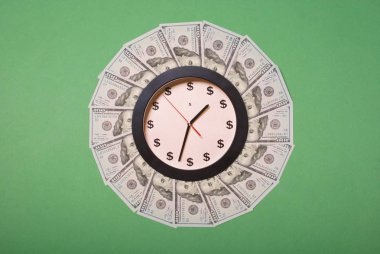 Saat ve dolar kavramı. Para Mandala Kaleidoscope üzerinde saat. Soyut para arka plan raster desen tekrar Mandala daire.