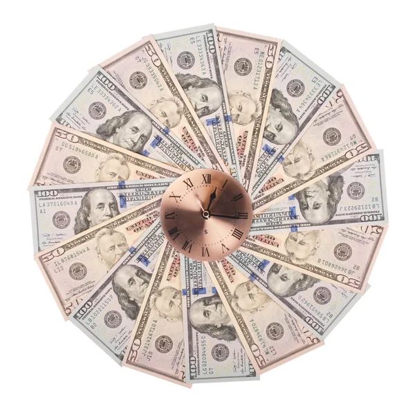 Begreppet klocka och dollar. Klocka på Mandala Kalejdoskop från pengar. Abstrakt pengar bakgrund raster mönster upprepa Mandala cirkel. — Stockfoto