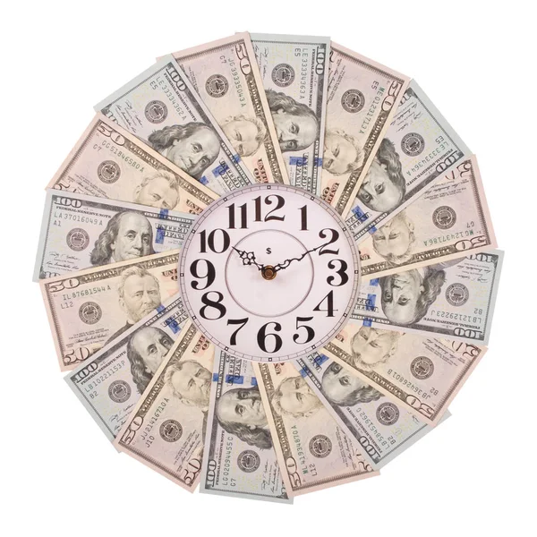 시계와 달러의 개념입니다. 돈에서 만다라 만화경에 시계. 추상 돈 배경 래스터 패턴 반복 만다라 원. — 스톡 사진