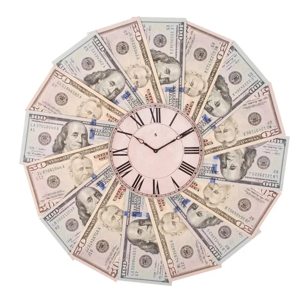 时钟和美元的概念。曼陀罗万花筒上的钟表来自金钱。抽象金钱背景光栅样式重复曼陀罗圈子. — 图库照片