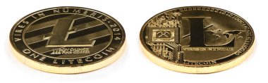 Altın litecoin beyaz arka plan üzerinde izole. (İki kırpma yolu)