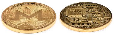Altın monero beyaz arka plan üzerinde izole. (İki kırpma yolu)