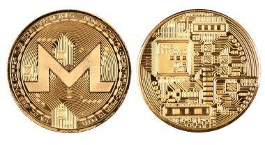 Altın monero beyaz arka plan üzerinde izole. (İki kırpma yolu)