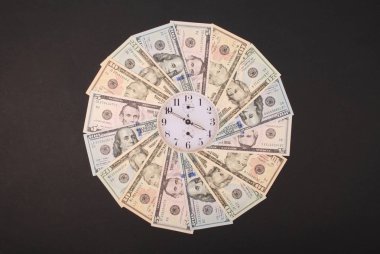 Saat ve dolar kavramı. Para Mandala Kaleidoscope üzerinde saat. Soyut para arka plan raster desen tekrar Mandala daire.