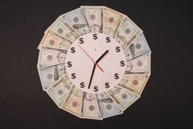 Saat ve dolar kavramı. Para Mandala Kaleidoscope üzerinde saat. Soyut para arka plan raster desen tekrar Mandala daire.