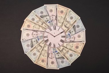 Saat ve dolar kavramı. Para Mandala Kaleidoscope üzerinde saat. Soyut para arka plan raster desen tekrar Mandala daire.