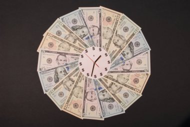 Saat ve dolar kavramı. Para Mandala Kaleidoscope üzerinde saat. Soyut para arka plan raster desen tekrar Mandala daire.