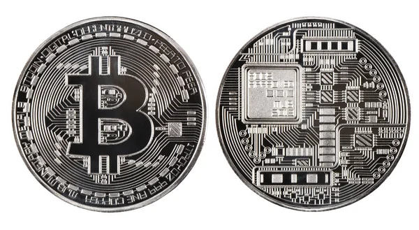 Bitcoin de plata aislado sobre fondo blanco. (Dos recorte camino ) —  Fotos de Stock
