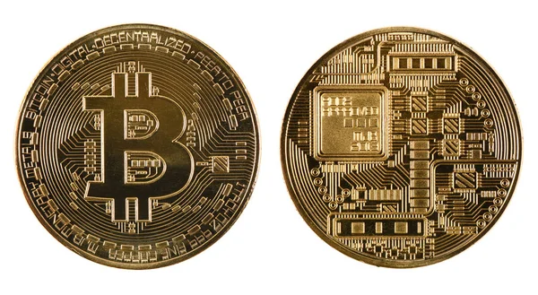 Χρυσό Bitcoin απομονωθεί σε λευκό φόντο. (Δύο διαδρομές αποκοπής) — Φωτογραφία Αρχείου