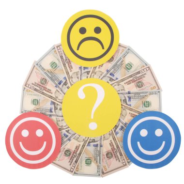 Para Mandala Kaleidoscope üzerinde Smiley ve üzücü gülen arasında soru işareti.