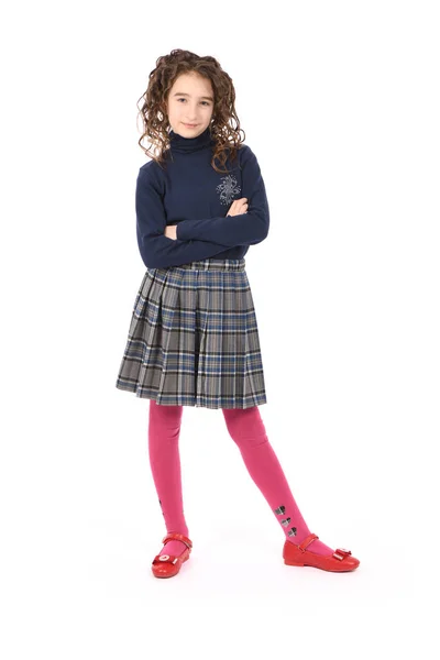 Portrait of adorable smiling girl child schoolgirl with curl hair — Stock Photo, Image