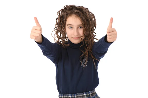 Retrato de adorável sorridente menina criança estudante com cabelo encaracolado — Fotografia de Stock