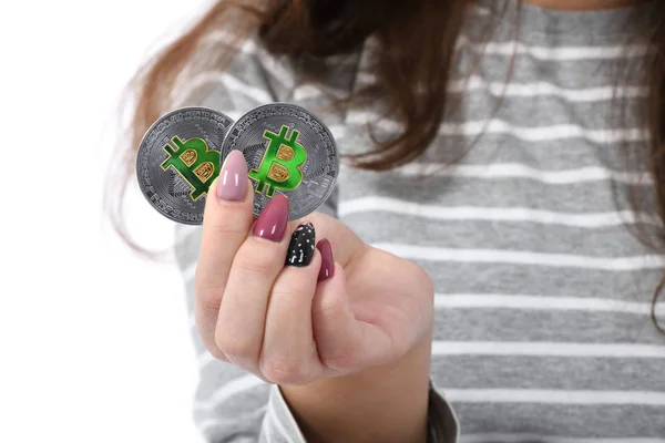Girl holding cryptocurrency — Stock Photo, Image