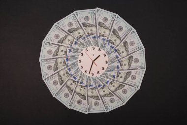 Saat ve dolar kavramı. Para Mandala Kaleidoscope üzerinde saat. Soyut para arka plan raster desen tekrar Mandala daire.
