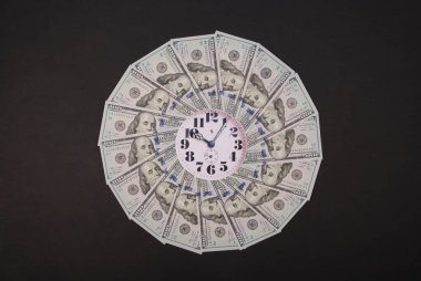 Saat ve dolar kavramı. Para Mandala Kaleidoscope üzerinde saat. Soyut para arka plan raster desen tekrar Mandala daire.