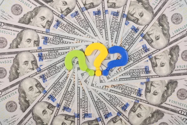 Question mark on mandala kaleidoscope from money. — Stock Photo, Image