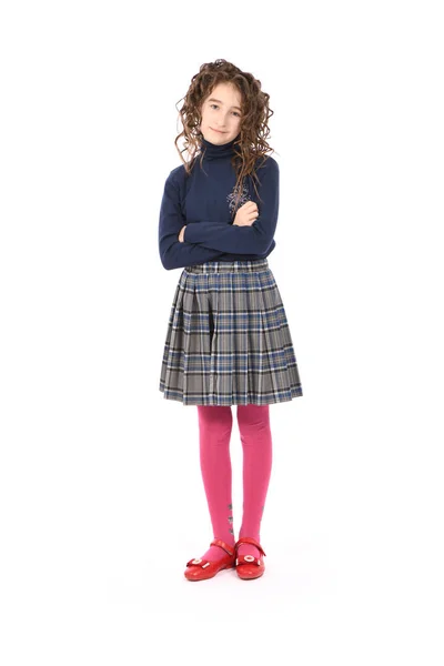 Retrato de adorable niña sonriente niña colegiala con pelo rizado —  Fotos de Stock