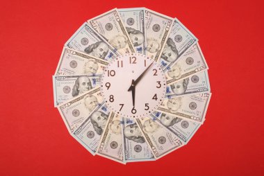 Saat ve dolar kavramı. Para Mandala Kaleidoscope üzerinde saat. Soyut para arka plan raster desen tekrar Mandala daire.