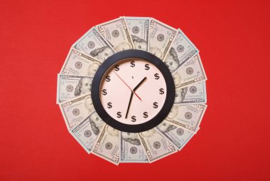 Saat ve dolar kavramı. Para Mandala Kaleidoscope üzerinde saat. Soyut para arka plan raster desen tekrar Mandala daire.