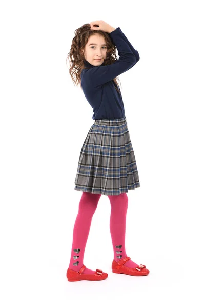 Portrait of adorable smiling girl child schoolgirl with curl hair — Stock Photo, Image