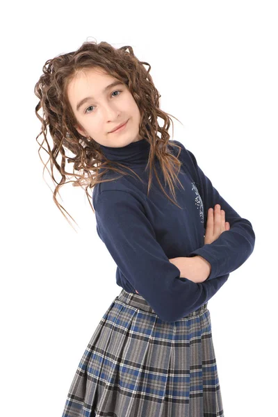 Retrato de adorável sorridente menina criança estudante com cabelo encaracolado — Fotografia de Stock