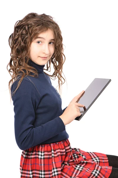 Portrait Pretty Curly Young Girl Smile Showing Tablet Isolated White — Stock Photo, Image