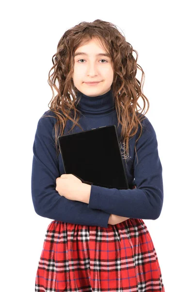 Retrato Muito Encaracolado Jovem Menina Sorrir Mostrando Tablet Isolado Fundo — Fotografia de Stock