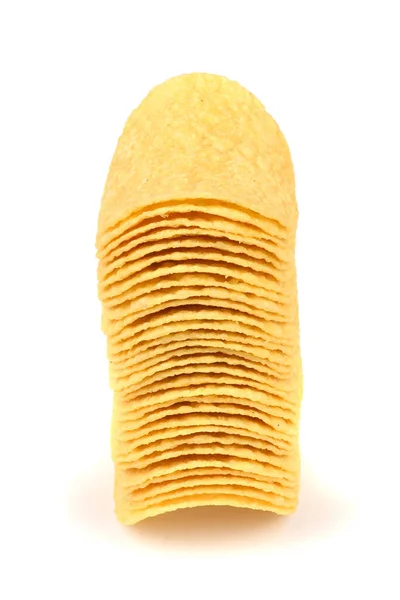 Tasty Crispy Potato Chips Stacked Isolated White Background High Resolution — Stock Photo, Image